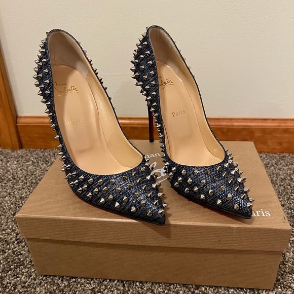 🚨 Christian Lounoutin Follies Spikes 100 Lame Lux Denim/Silver - Picture 2 of 6